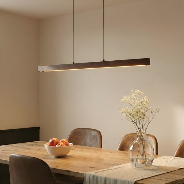 Lucande LED висяща лампа Nihalo, орех, 122 cm, с регулиране на яркостта, CCT, Затъмняване, Дърво, Дневна/трапезария, Дървесина, Къща в провинцията / Рустик