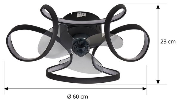 Lindby Вентилатор за таван LED Lomata, черен, тих, Ø 23 cm, Затъмняване, Черен, Дневна/трапезария, Алуминий, Модерен