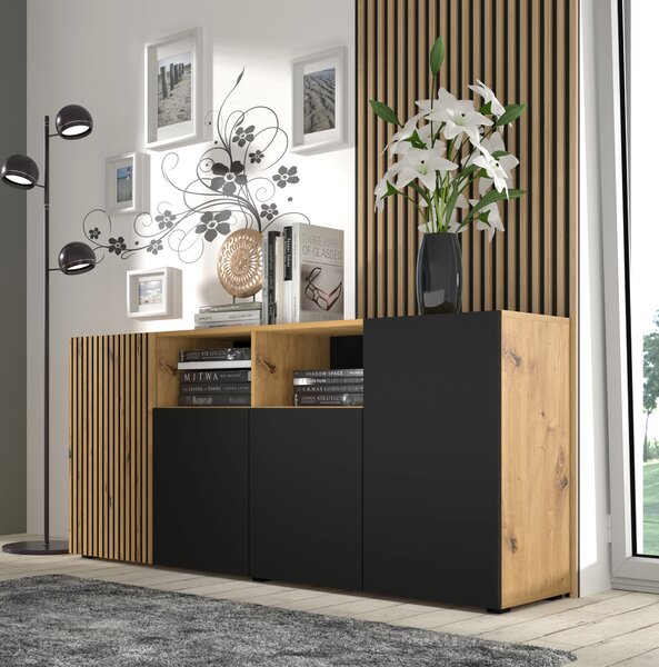 Комод AURIS 4D 180 см, дъб артисан/черен мат