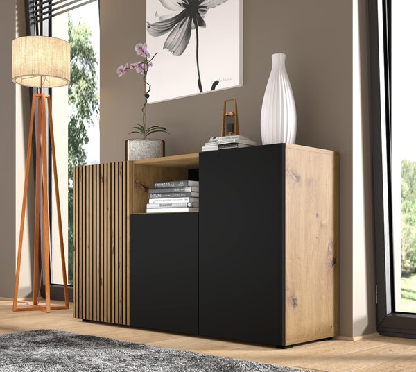 Комод AURIS 3D 135 см, дъб артисан/черен мат