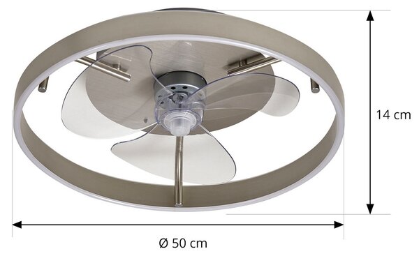 Lindby LED тавански вентилатор Momitu, сребрист, безшумен, Ø 50 cm, Затъмняване, Металик, Дневна/трапезария, Алуминий, Модерен