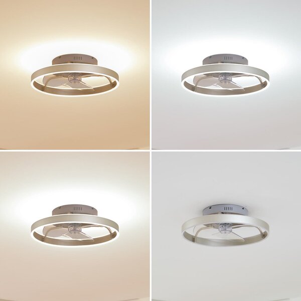 Lindby LED тавански вентилатор Momitu, сребрист, безшумен, Ø 50 cm, Затъмняване, Металик, Дневна/трапезария, Алуминий, Модерен