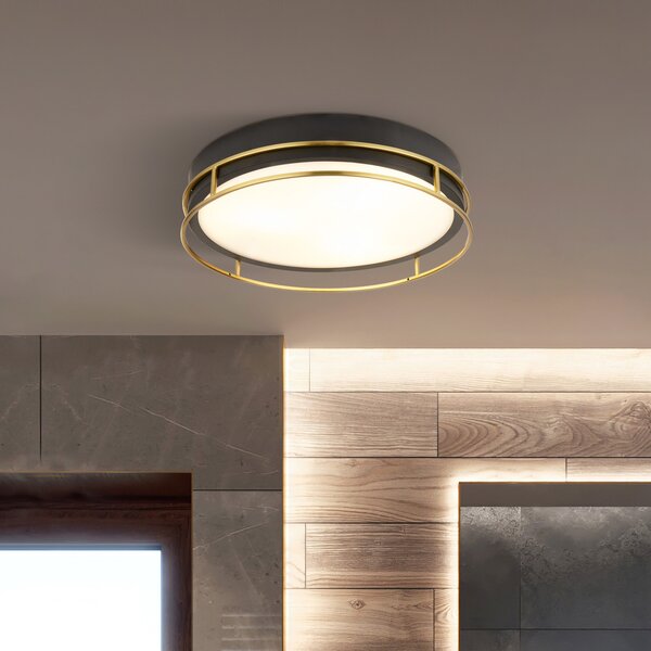 Searchlight Осветително тяло за таван Phoenix, Ø 30 cm, черно / месинг, IP44, Затъмняване, Черен, Дневна/трапезария, Метал, Таван с много пламъци