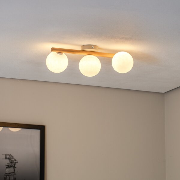 TK Lighting Осветително тяло за таван Estera, опалово стъкло, дърво, три пламъка, Затъмняване, Дърво, Дневна/трапезария, Стъкло, Глобус