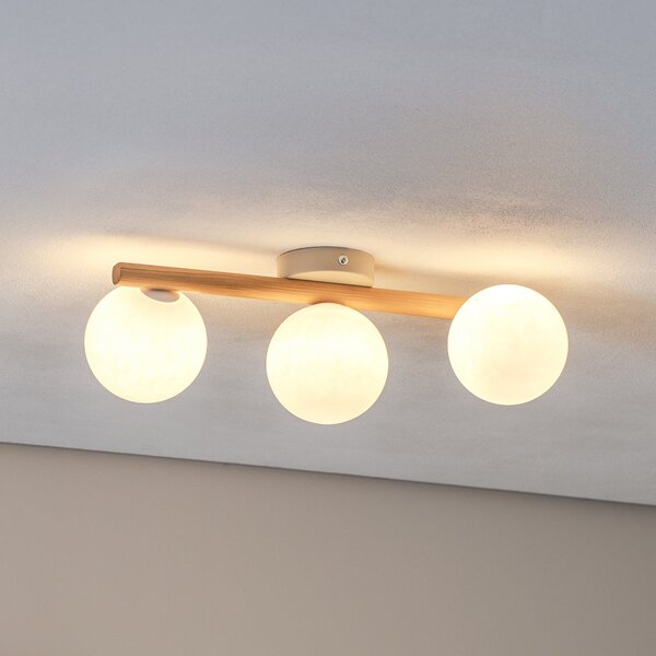 TK Lighting Осветително тяло за таван Estera, опалово стъкло, дърво, три пламъка, Затъмняване, Дърво, Дневна/трапезария, Стъкло, Глобус