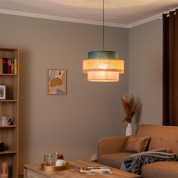 TK Lighting Висяща лампа Trio, абажур от юта, бензин/естествено кафяво/оранжево Ø 50 см, Затъмняване, Многоцветен, Дневна/трапезария, Плат / текстил