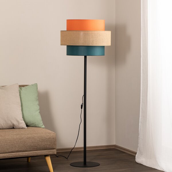 TK Lighting Подова лампа Trio, абажур от юта, оранжево/естествено кафяво/петрол, Многоцветен, Дневна/трапезария, Плат / текстил