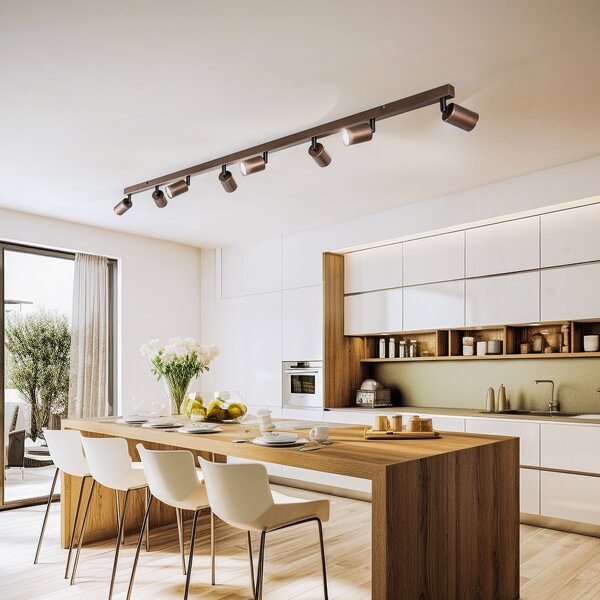 TK Lighting Таванен спот Връх, регулируем, кафяв, осемпламенен линеен, Затъмняване, Кафяв / ръждив, Дневна/трапезария, Метал, Модерен, Таван с много пламъци