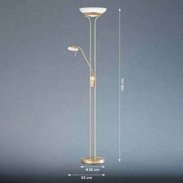FISCHER & HONSEL LED подова лампа Pool, цвят месинг, височина 182 cm, 2 светлини., Затъмняване, Злато / месинг, Дневна/трапезария, Метал, Модерен, Светлина за четене