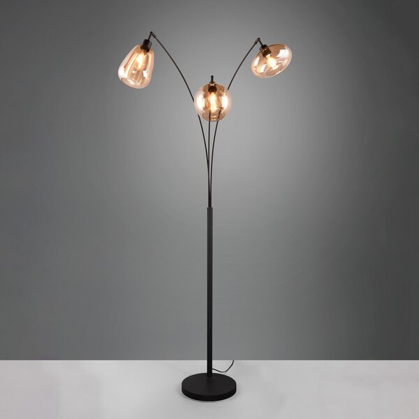 Trio Lighting Подова лампа Lumina, 3 светлини, черно/кафяво, стъкло, Черен, Дневна/трапезария, Стъкло, Модерен