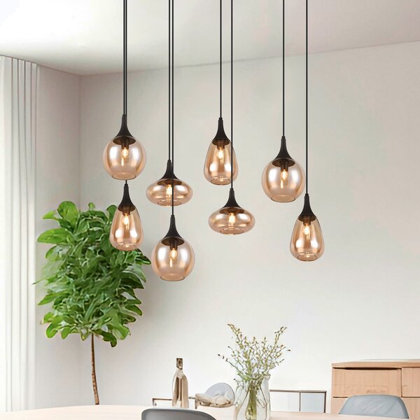 Trio Lighting Висящо осветително тяло Lumina, 8 лампи, черно/кафяво, стъкло, Затъмняване, Дневна/трапезария, Стъкло, Модерен