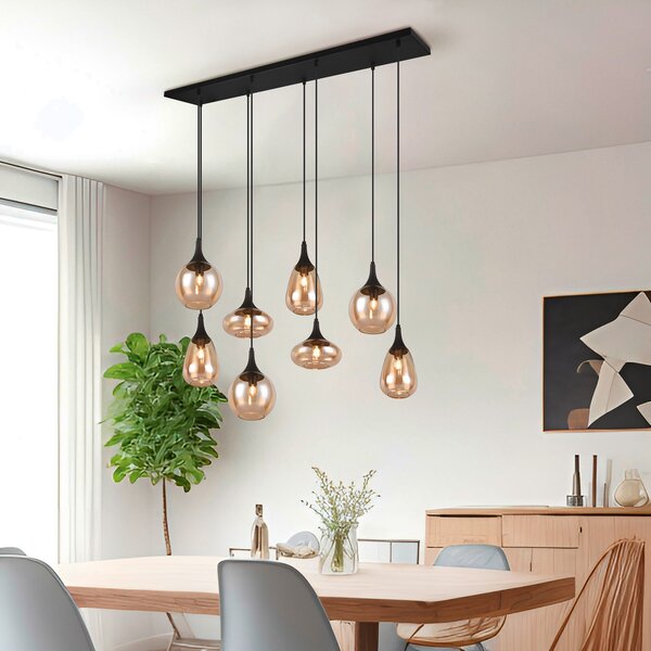 Trio Lighting Висящо осветително тяло Lumina, 8 лампи, черно/кафяво, стъкло, Затъмняване, Дневна/трапезария, Стъкло, Модерен