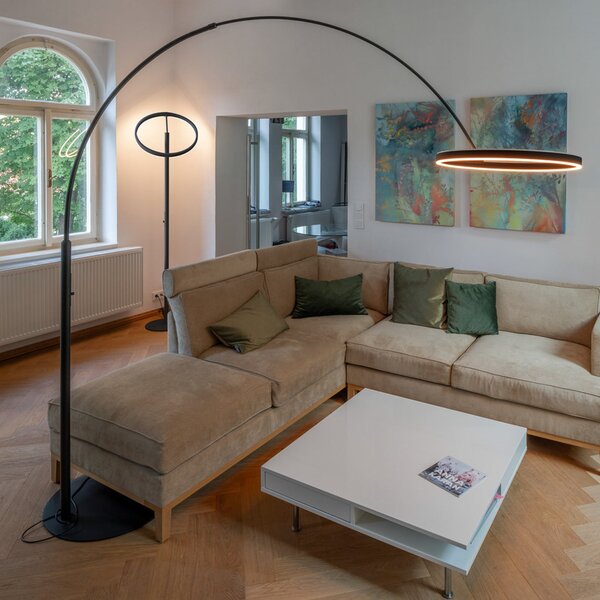 SLV LED подова лампа One Bow FL, черна, стомана, височина 232 cm, Затъмняване, Черен, Дневна/трапезария, Метал, Модерен