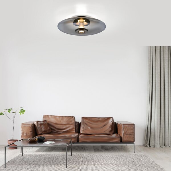 PURE LED таванна лампа Vitrum, сива, стъкло/алуминий, Ø 45 см, Затъмняване, Сив, Дневна/трапезария, Стъкло, Модерен