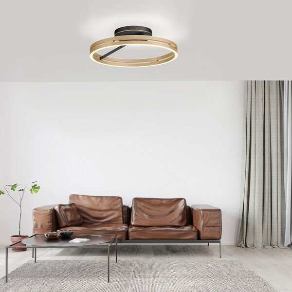 PURE LED таванска лампа Loop месинг/черно метал Ø 60 cm CCT, Затъмняване, Злато / месинг, Дневна/трапезария, Алуминий, Модерен, Кръгъл директен таван