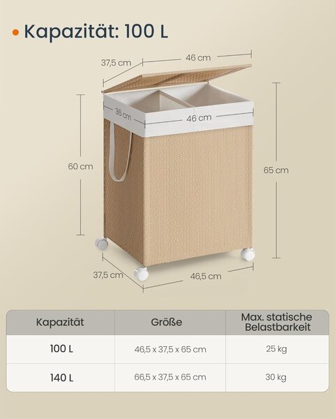 Модулен кош за пране Songmics, Натурален, LCB601N01, 46.5 x 37.5 x 65 см