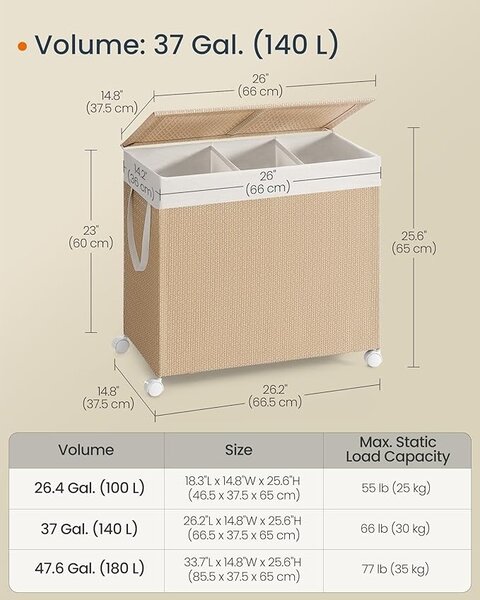 Модулен кош за пране Songmics, натурален, LCB602N01, 66.5 x 37.5 x 65 см