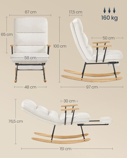 Люлеещ се стол Songmics цвят крем, 113.5 x 60 x 28.5 см