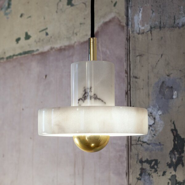 Tom Dixon LED висяща лампа Stone, бяла, Ø 18 cm, мрамор, Затъмняване, Бял, Дневна/трапезария, Мрамор, Дизайн