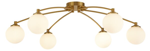 Searchlight Таванска лампа Feylinn, бяла/месинг, стъкло, Ø 75 cm, 6-светилна., Затъмняване, Бял, Дневна/трапезария, Стъкло, Модерен