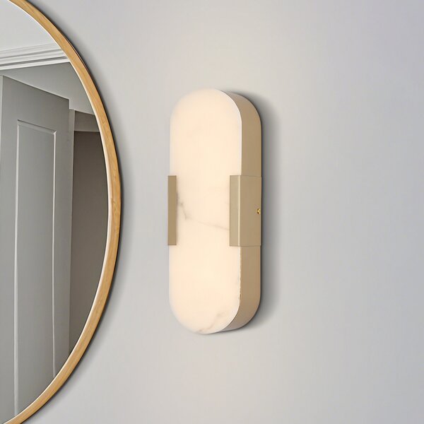 Searchlight LED стенна лампа за баня Opaline, височина 35 cm, златист цвят, метал/смола, Затъмняване, Злато / месинг, Баня, Метал