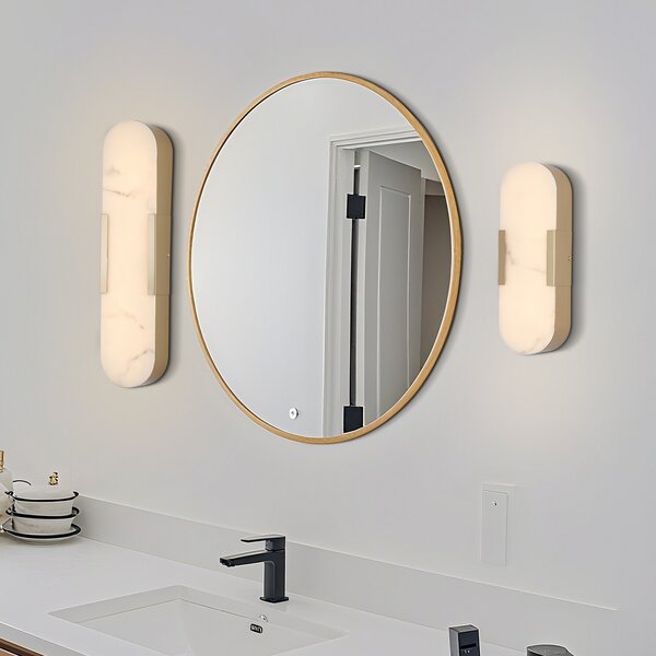 Searchlight LED стенна лампа за баня Opaline, височина 35 cm, златист цвят, метал/смола, Затъмняване, Злато / месинг, Баня, Метал