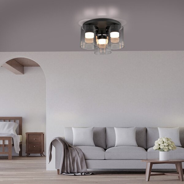 JUST LIGHT. GmbH LED таванска лампа Elio пушено стъкло, 3-лампова, черна, Затъмняване, Сив, Дневна/трапезария, Стъкло, Модерен