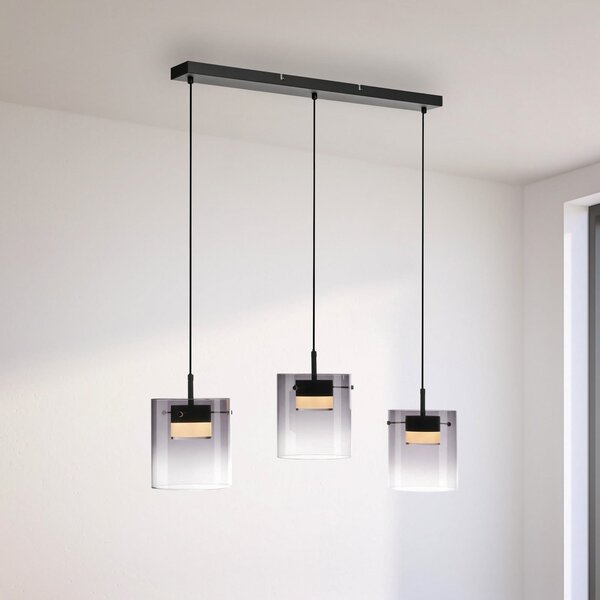 JUST LIGHT. GmbH LED висяща лампа Elio, пушено стъкло, 3-лампена, черна, Затъмняване, Сив, Дневна/трапезария, Стъкло, Модерен