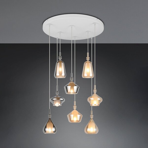 Trio Lighting Висяща лампа Aldea, Ø 60 cm, бяла/кехлибар/хром, стъкло, 8-свещна., Затъмняване, Бежов, Дневна/трапезария, Стъкло