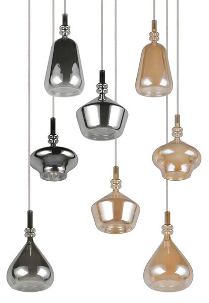 Trio Lighting Висяща лампа Aldea, Ø 60 cm, бяла/кехлибар/хром, стъкло, 8-свещна., Затъмняване, Бежов, Дневна/трапезария, Стъкло
