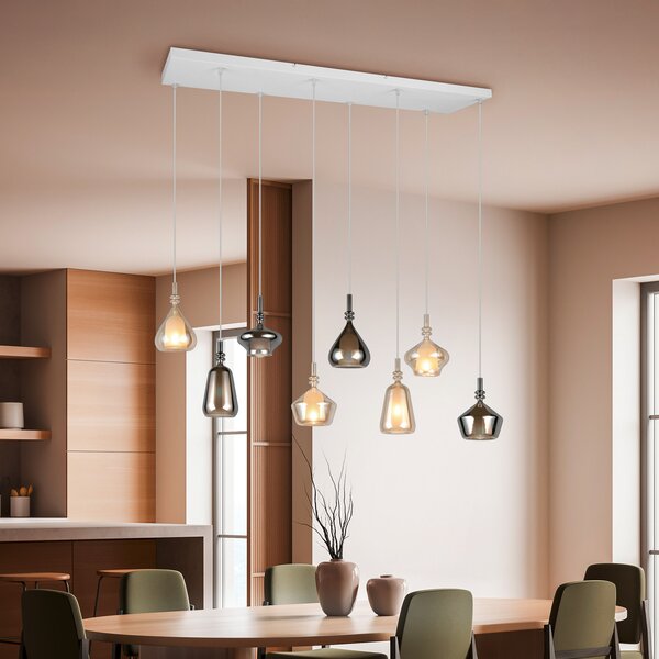 Trio Lighting Висяща лампа Aldea, дължина 115 cm, бяло/кехлибарено/хромирано стъкло, 8-крилна., Затъмняване, Бежов, Дневна/трапезария, Стъкло