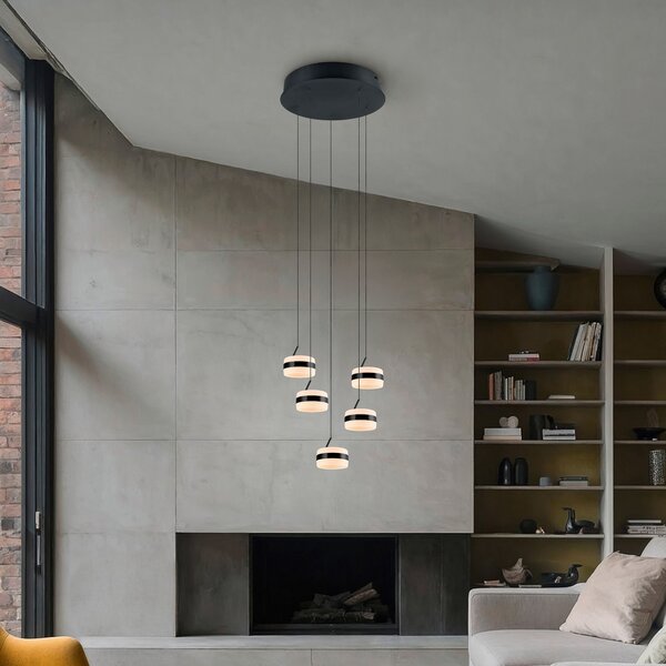Trio Lighting LED висяща лампа Dios, черна, Ø 45 cm, CCT, 5-крил., Затъмняване, Черен, Дневна/трапезария, Метал, Модерен