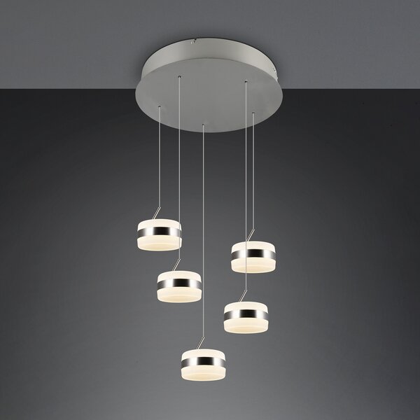 Trio Lighting LED висяща лампа Dios, никелов цвят, Ø 45 cm, CCT, 5-крилна., Затъмняване, Металик, Дневна/трапезария, Метал, Модерен