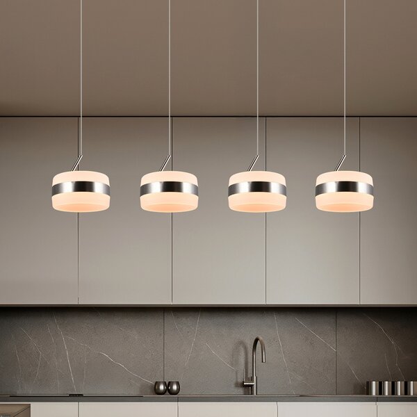 Trio Lighting LED висяща лампа Dios, никелово покритие, дължина 85 cm, CCT, 4-светилни., Затъмняване, Металик, Дневна/трапезария, Метал, Модерен