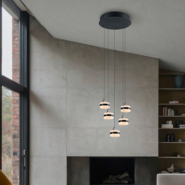 Trio Lighting LED висяща лампа Dios, никелов цвят, Ø 45 cm, CCT, 5-крилна., Затъмняване, Металик, Дневна/трапезария, Метал, Модерен