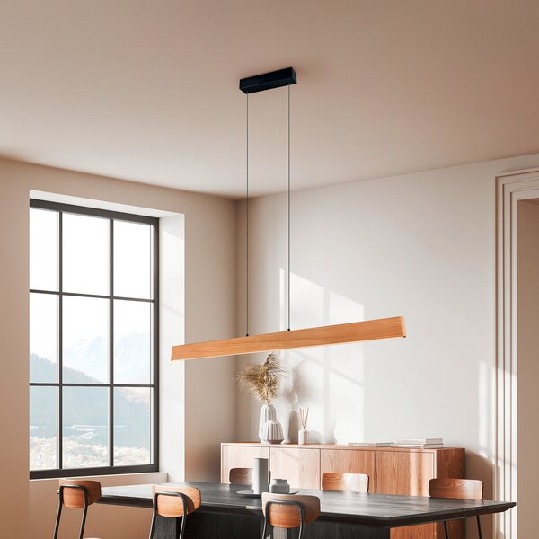 Trio Lighting LED висяща лампа Edgewood, дължина 150 cm, дърво в цвят на дърво, CCT, Затъмняване, Дърво, Дневна/трапезария, Дървесина