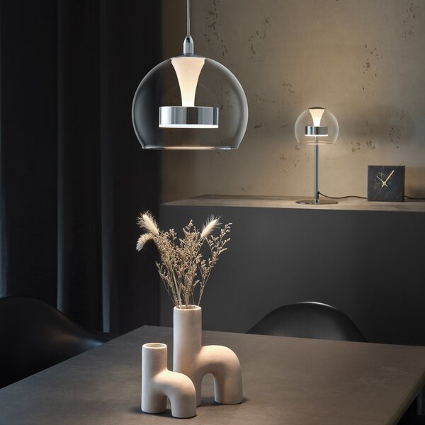 Trio Lighting LED висяща лампа Flynt, Ø 20 cm, хромирана, метал/стъкло, CCT, Затъмняване, Металик, Дневна/трапезария, Метал, Модерен