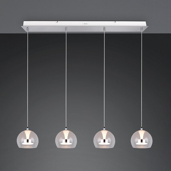 Trio Lighting LED висяща лампа Flynt, дължина 97 cm, хромиран метал, 4-светлинна., Затъмняване, Металик, Дневна/трапезария, Метал, Модерен