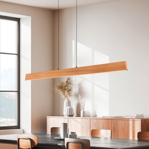 Trio Lighting LED висяща лампа Edgewood, дължина 150 cm, дърво в цвят на дърво, CCT, Затъмняване, Дърво, Дневна/трапезария, Дървесина