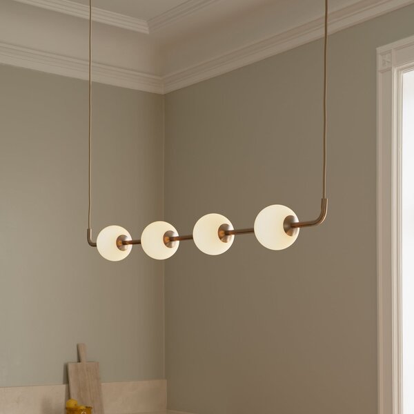 UMAGE LED висяща лампа Audrey LINEAR, месинг, 118 cm, 4-лампова., Затъмняване, Злато / месинг, Дневна/трапезария, Метал, Дизайн, Глобус