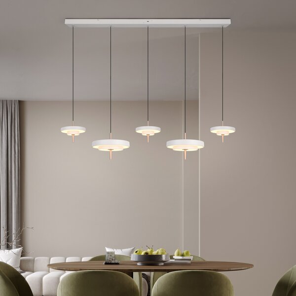 Trio Lighting LED висяща лампа Keaton, светло сива, дължина 140 cm, CCT, 5-лампова., Затъмняване, Сив, Дневна/трапезария, Метал