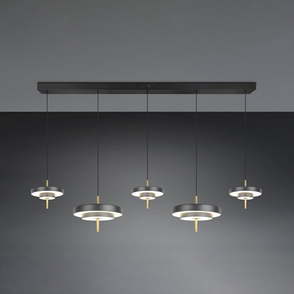 Trio Lighting LED висяща лампа Keaton, черно/златисто 140 cm CCT, 5-светлинна., Затъмняване, Черен, Дневна/трапезария, Метал