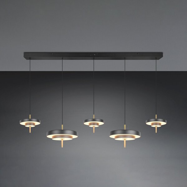 Trio Lighting LED висяща лампа Keaton, черно/златисто 140 cm CCT, 5-светлинна., Затъмняване, Черен, Дневна/трапезария, Метал