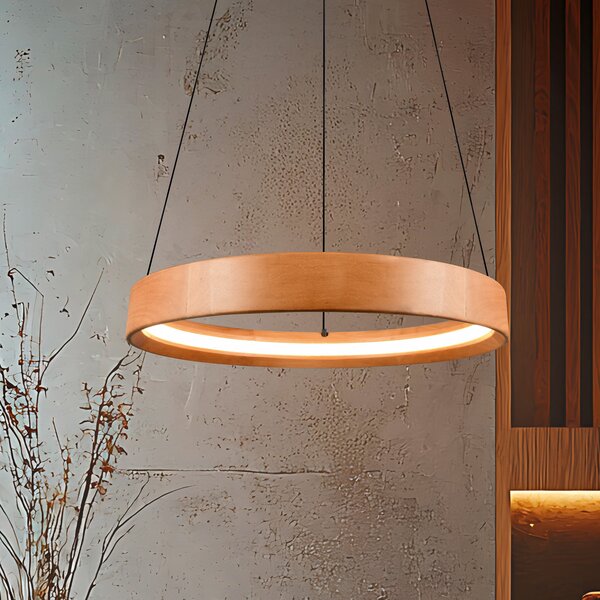 Trio Lighting LED висяща лампа Lynwood, Ø 50 cm, цвят на дърво, с регулируема яркост, Затъмняване, Дърво, Дневна/трапезария, Дървесина
