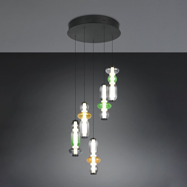 Trio Lighting LED висяща лампа Minerva, Ø 42 cm, цветна, стъкло, CCT, 5-крилна., Затъмняване, Многоцветен, Дневна/трапезария, Стъкло