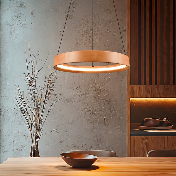 Trio Lighting LED висяща лампа Lynwood, Ø 50 cm, цвят на дърво, с регулируема яркост, Затъмняване, Дърво, Дневна/трапезария, Дървесина