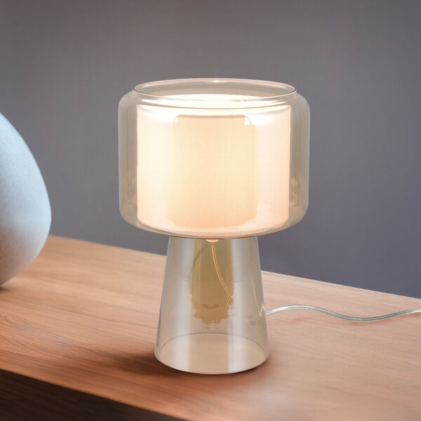 Trio Lighting Настолна лампа Rocka, кехлибарено, височина 29 cm, стъкло/плат, Бежов, Дневна/трапезария, Стъкло