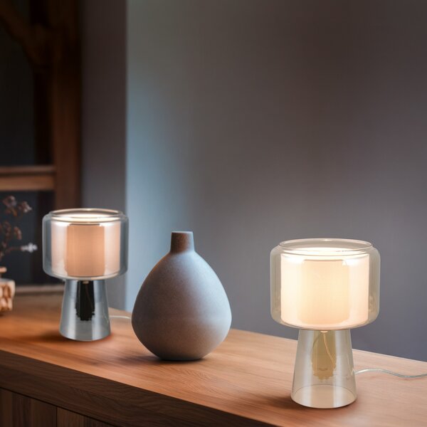 Trio Lighting Настолна лампа Rocka, кехлибарено, височина 29 cm, стъкло/плат, Бежов, Дневна/трапезария, Стъкло