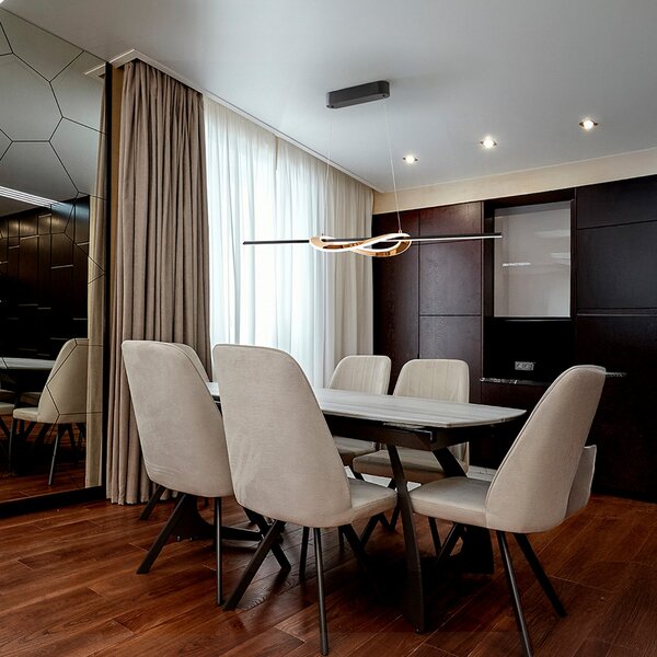 Schuller Valencia LED висяща лампа Enora, черно/златисто, дължина 120 cm, CCT, Затъмняване, Черен, Дневна/трапезария, Алуминий, Модерен