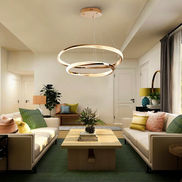 Schuller Valencia LED висяща лампа Orbitas, Ø 80 cm, златист цвят, метал, димер, Затъмняване, Злато / месинг, Дневна/трапезария, Алуминий